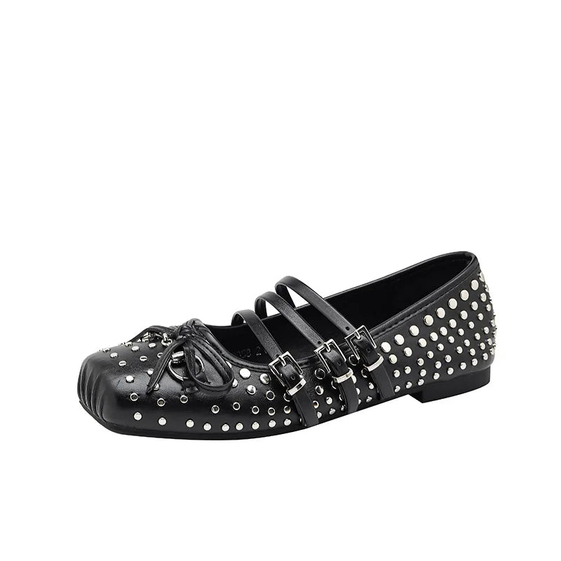 Rivet Ballet Burgundy Mary Jane Flat Shoes Bow Square Head Casual Comfortable Shoes