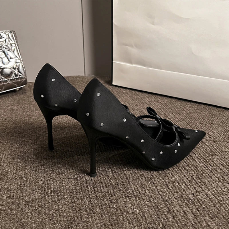 Thin Heel Shallow Mouth Single Shoes Banquet Bow Pointed Water Diamond Silk High Heels