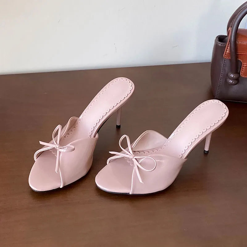 Round Toe Footwear Thin Heels Slides Shoes Butterfly-Knot Slip On High Heels Shoes