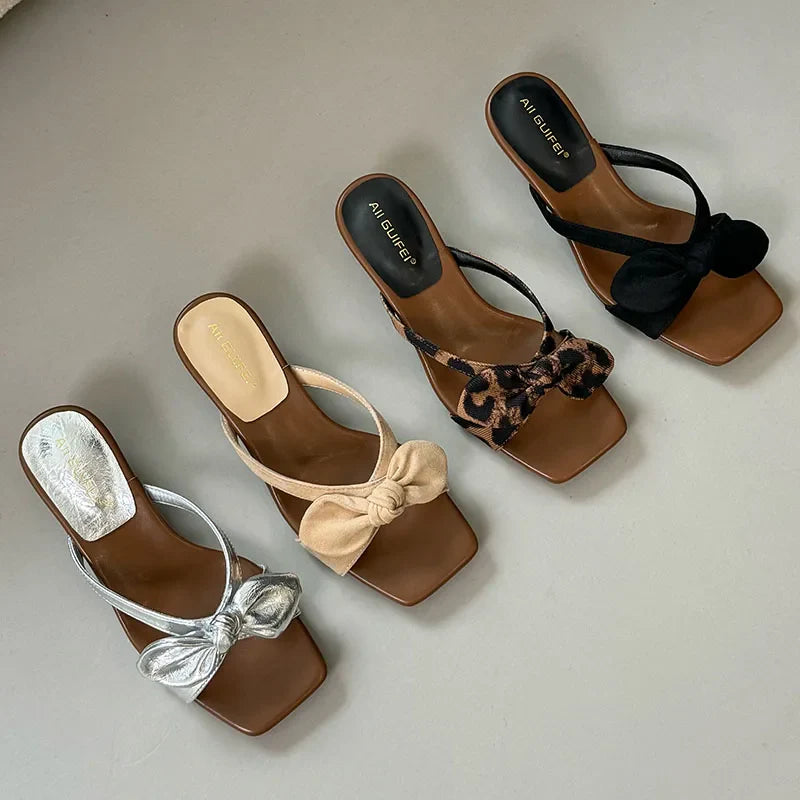 Low Heel Slides Slippers Shoes Butterfly-Knot Heeled Sandals