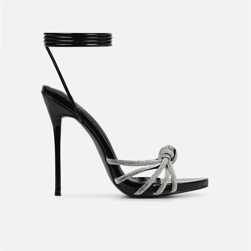 Black High Heels Sandals Peep Toe Crystal Narrow Band Stiletto Pumps Ankle Lace Up Party