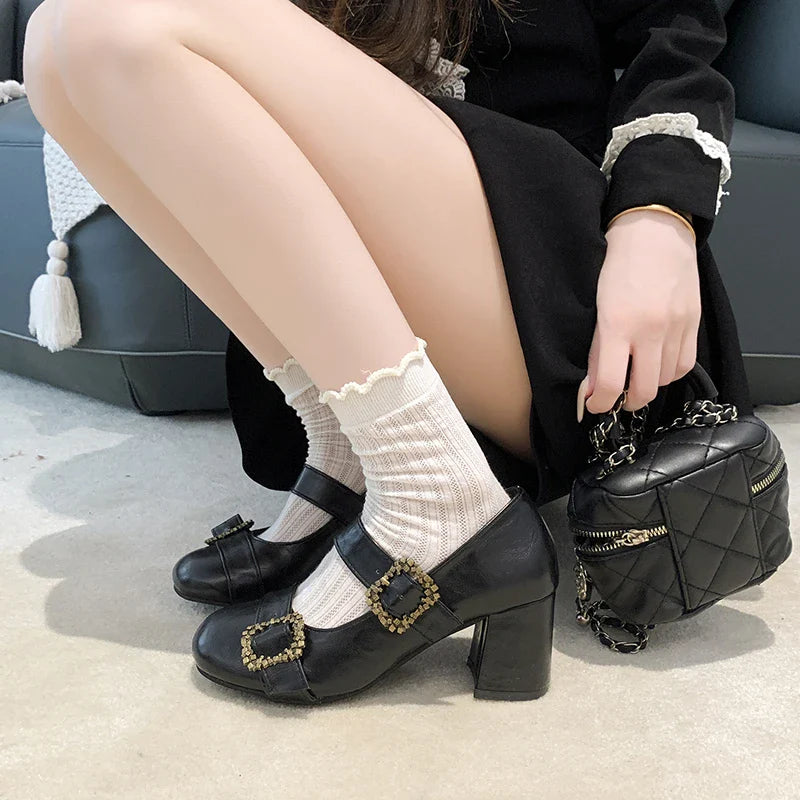 Thick Heel Mary Jane Shoes Metal Buckle Strap Shoes Vintage Dress Leather Pumps