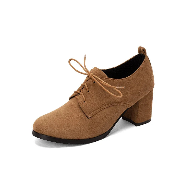 Retro Pumps Classics Flock Lace Up Office Round Toe Block High Heel Shoes Size 33-43 Black Brown