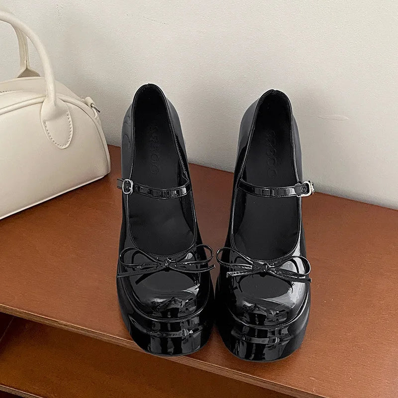 Platform Thick Heel Mary Jane Shoes Butterfly-knot Shoes Outdoor Dress Leather Pumps