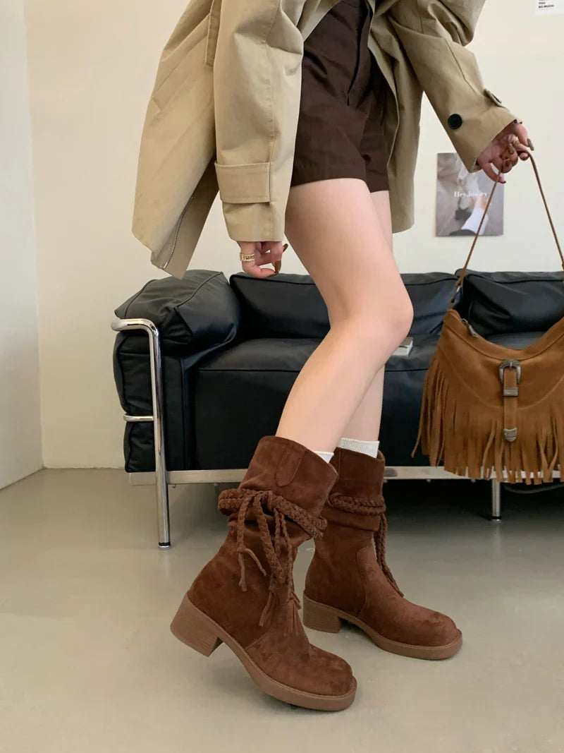 Brown Suede Boots Woman Round Toe Chunky Heels Boots Fall Black Rocks Shoes Botas Western Cowboy Feminina