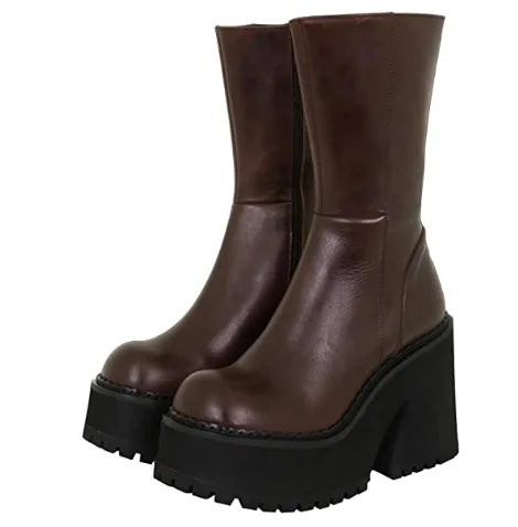 Platform Chunky High Heeled Knee High Boots Cool Round Toe Cute Sweet Heeled Boots Gothic Uniform