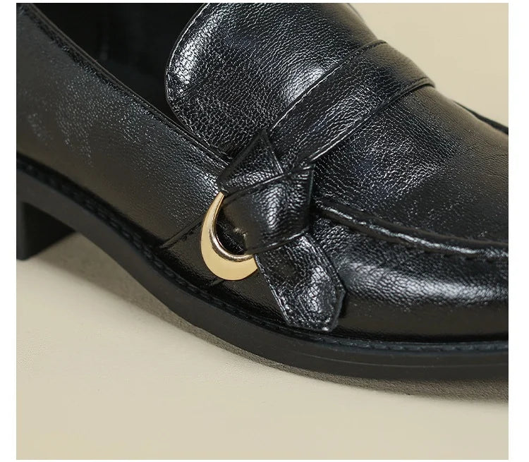 Cow Leather Metal Buckle Slip On Flat Shoes High Quality Comfortable Loafers Casual Versatile Daily Famale Shoes