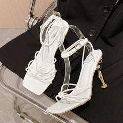 Square Toe Narrow Band Sandals Ankle Buckle Strap High Heels Party Sandalias Mujer