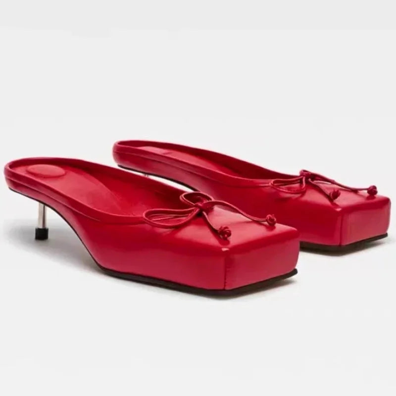 Mule Pumps Slippers Bow Square Toe Party Red Elegant High Heels Sandals
