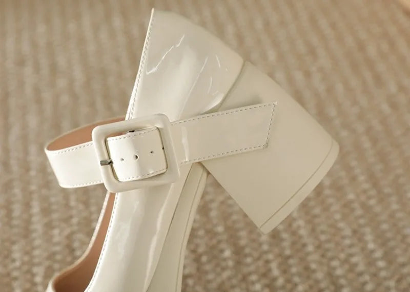 High Heels Word Belt Mary Jane Single Shoes Thick Heel Light Mouth Buckle High Heel Leather Shoes