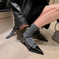 Low Heels Pointed Toe Vintage Genuine Leather Mary Janes Shoes Woman Casual Office Ladies