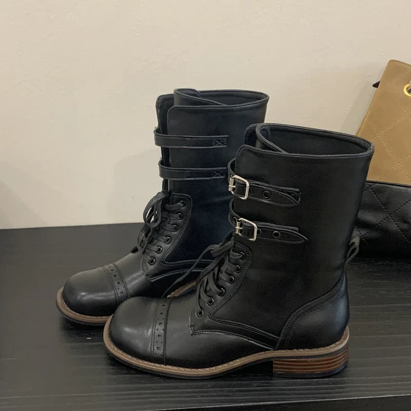 Design Narrow Band Lace-up Knee-High Boots Vintage Round Toe Square Low Heels Shoes