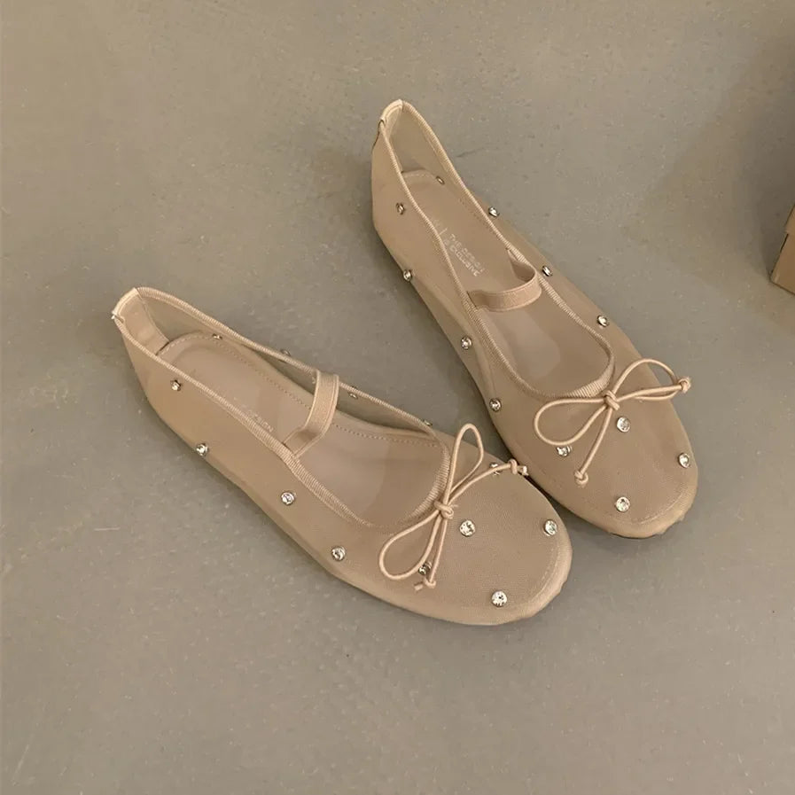 Flat Shoes Mesh Elegant Mary Jane Shoes Soft Sole Outdoor Dress Ballerinas