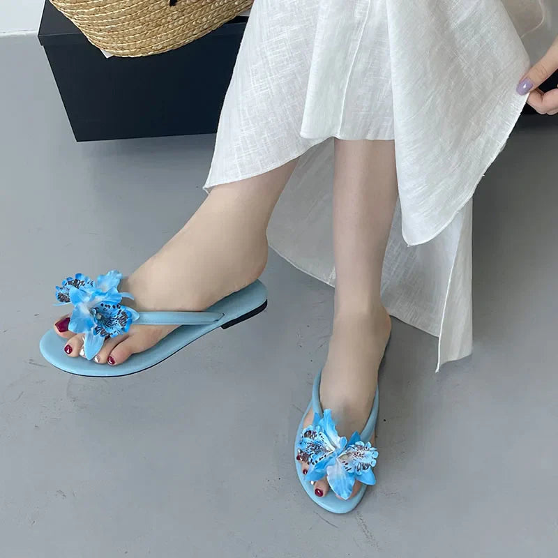 Pink Flower Flats Slippers Beach Round Toe Flip flops Flats Slippers Slides Sandals Shoes