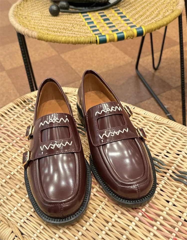 Niche British Style Embroidered Letter Small Leather Shoes Metal Buckle Loafers Shoes
