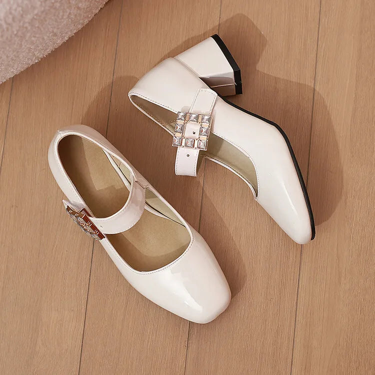 Plus Size 48 Patent Leather Mary Jane Shoes Sparkly Crystal Rhinestone Burgundy White Block Heel Pumps Party Shoe