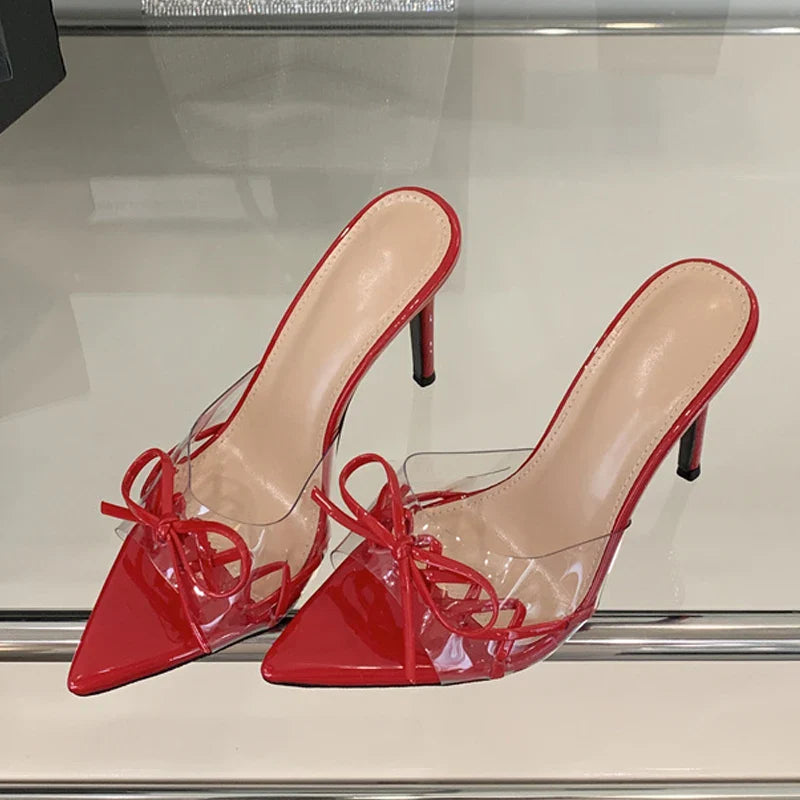 Elegant Pointed Toe Red High Heels Transparent Slippers Leather Bowknot Sandal Party