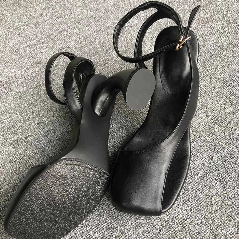 Leather Sandals Square Toe Ankle Strap Chunky Heel Elegant Party Evening