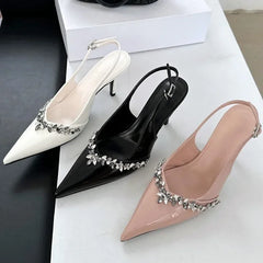 Rhinestone Buckle Strap Pointed Toe Thin High Heels Slingbacks Heels Sandals Party Prom Shoes