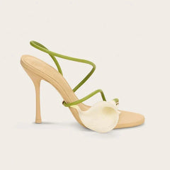 Three-Dimensional Flower Open Toe Stiletto One-Strap Sandals Woman White Slip-On High Heels Shoes