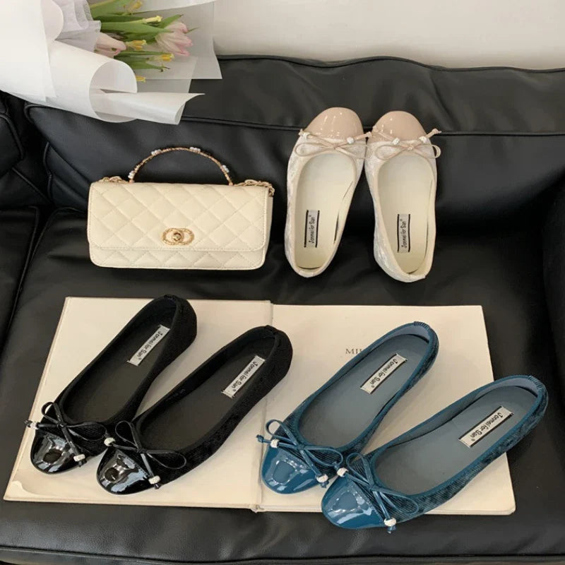 Comfortable Round Toe Flats Sweet Bow Brand Shoes Elegant Lace Shallow Ballet Shoes Zapatos Muje