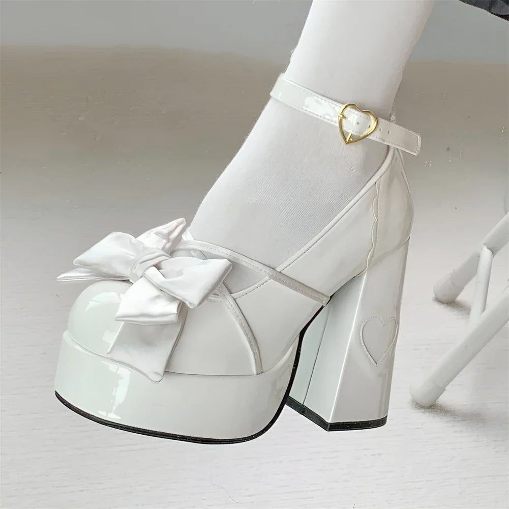 Lolita Bow Bow Decor Pumps Platform Chunky High Heels Ankle Strap Sweet Cute Elegant Pumps