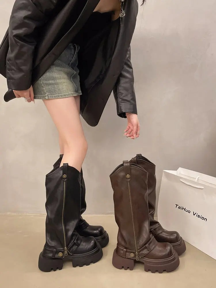 Knee High Boots Western Round Toe Long Boots Western Shoes Chunky Heel Platform