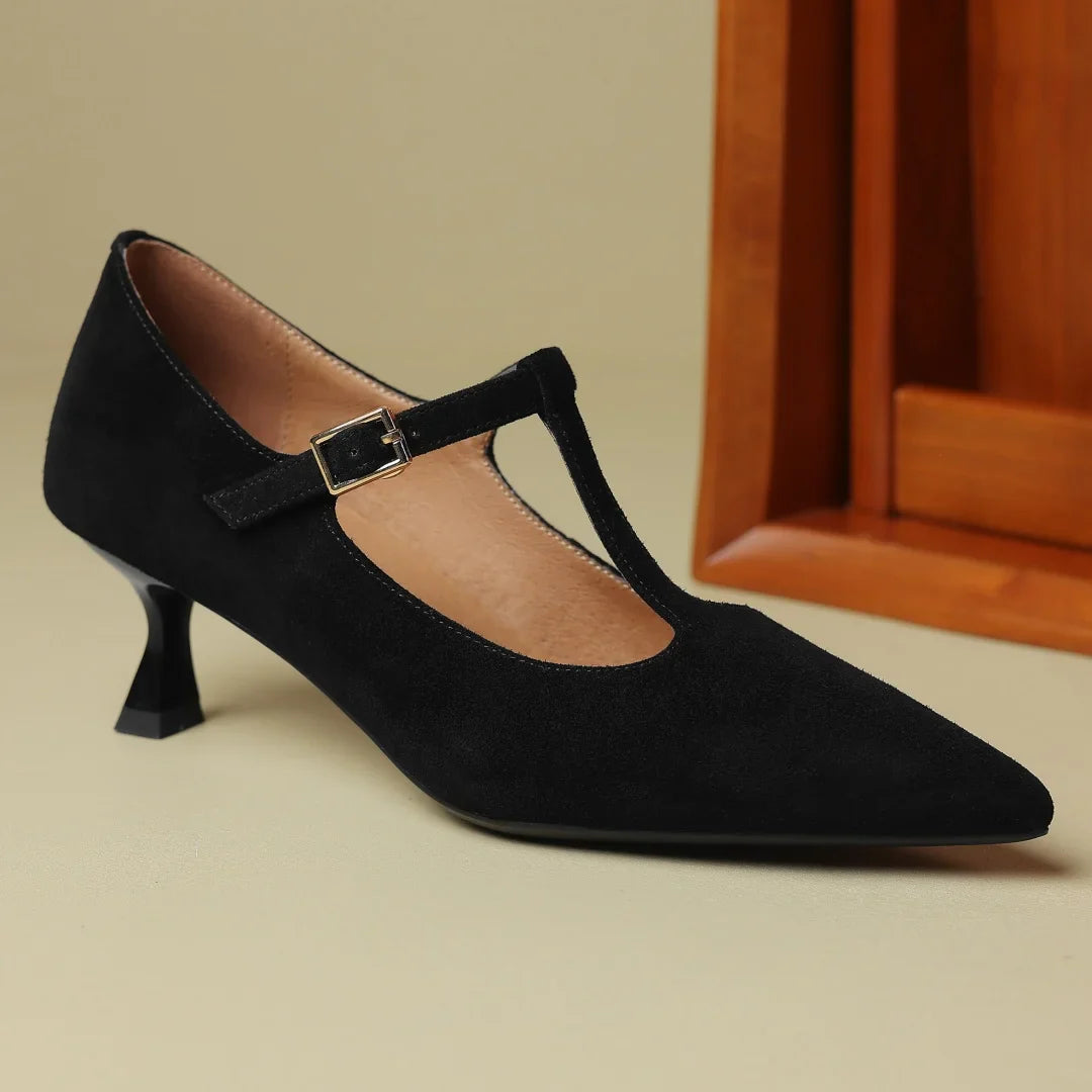 natural suede leather thin high heel pointed toe pumps elegant heeled retro heeled shoes