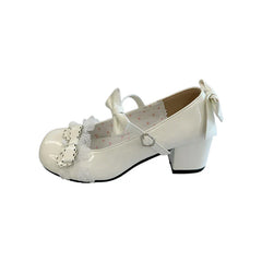 Lolita Style Cute Round Head Jane Pumps with Bow Sweet Party Dress Midi Heels Shoes PU Sandals