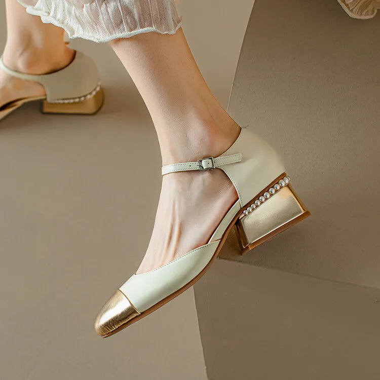 Sheepskin Leather Pumps Pearls Chunky Heels Shoes Brand Two Tone Buckle Pumps Wedding Party Dressy Shoes