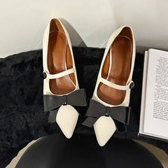Bow Pointed Toe Mary Jane Shoes Chunky Heel Elegant Office Shoes Comfy Pumps Fashions Retro High Heels