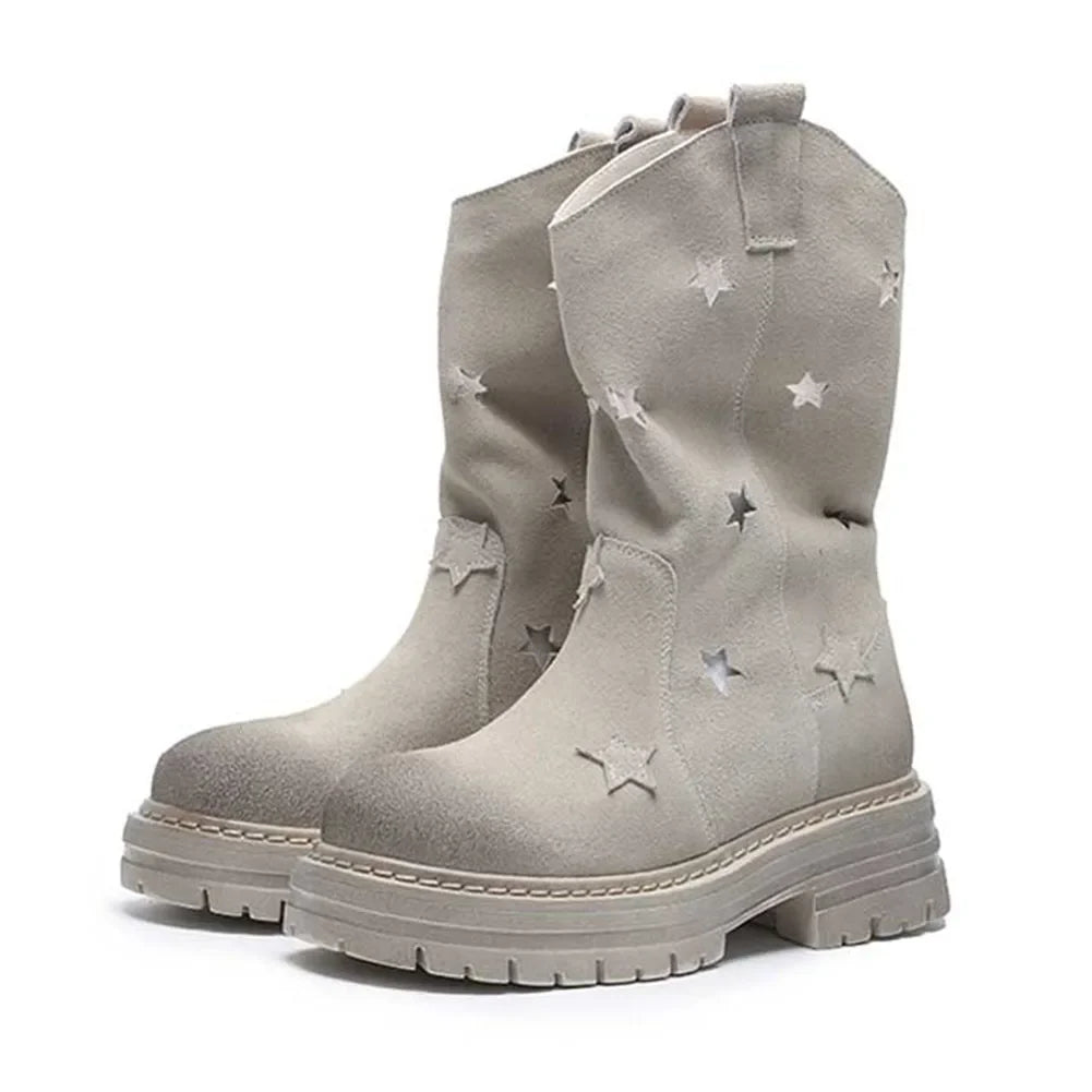 Western Cowgirl Boots Western Chunky Heel Round Toe Platform Star Hollow Retro Cowboy Mid Calf Boots