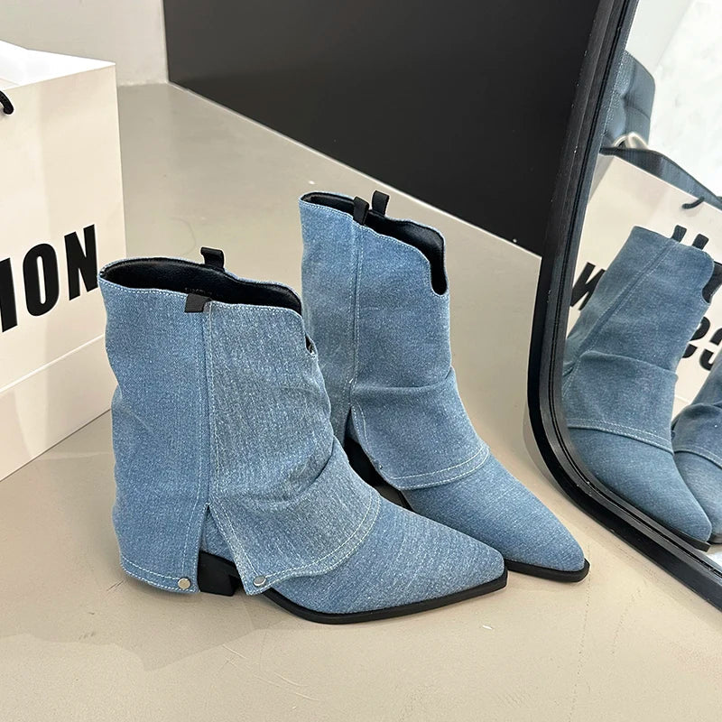 Western Cowboy Boots Vintage Pointed Toe Shoes Thick Heel Short Botas Zapatos De Mujer