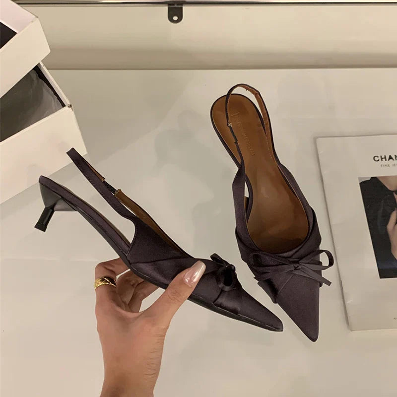Bowktie pointed toe slingbacks low thin heel