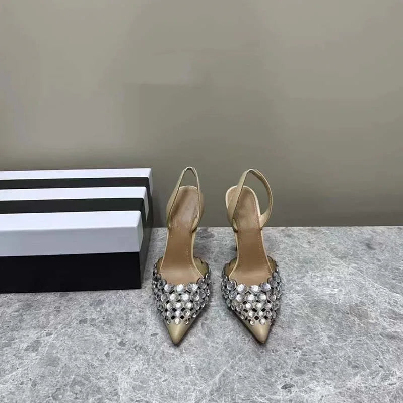 Super Beautiful Rhinestone Shallow Stiletto Pointed Shoes Roman Cut-out High Heeled Sandals
