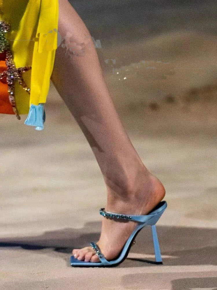 shiny Rhinestone Chain Slippers Satin One Line Band one line belt Square Head Slingback Thin High Heels Shoes