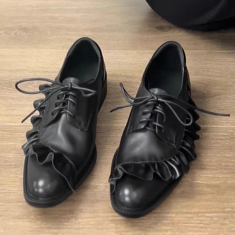 Black Soft Leather Lace-up Loafers Pleated Design Brand Low Heel Pumps Cozy Commuter Office Shoes Zapatos De Mujer