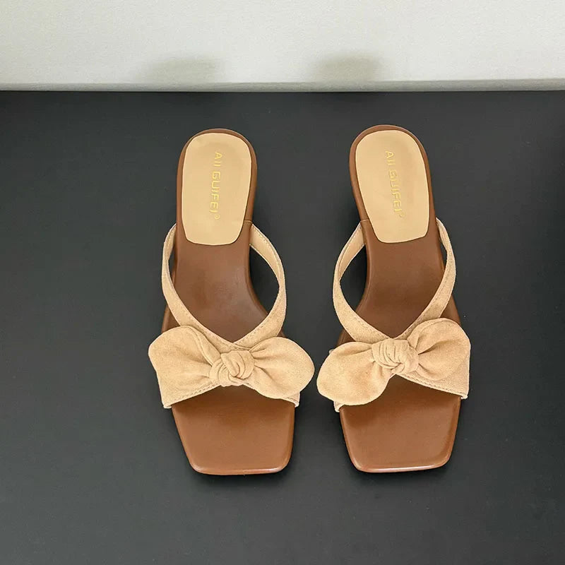 Low Heel Slides Slippers Shoes Butterfly-Knot Heeled Sandals