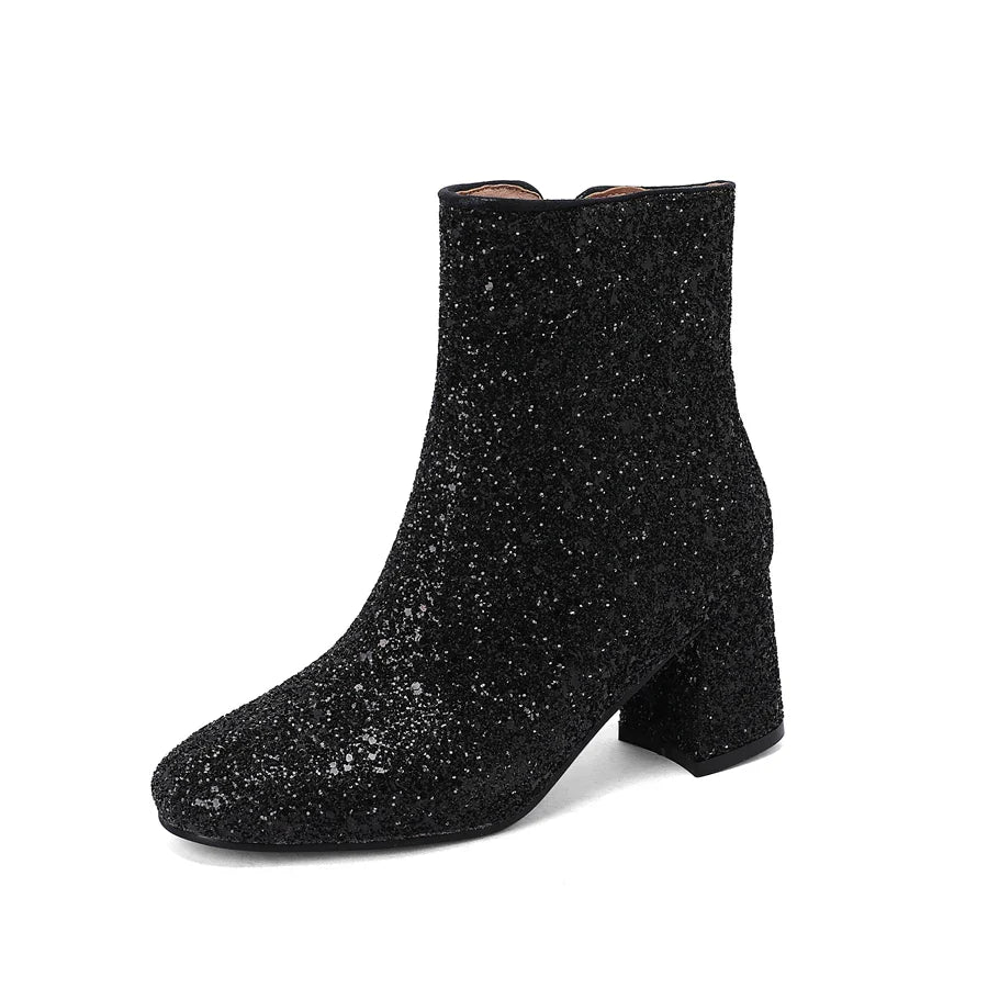 Big Size 48 49 50 Gold Silver Blue Sequined Cloth Glitter Shoes Chunky High Heels Bling Party Ankle Chelsea Boots