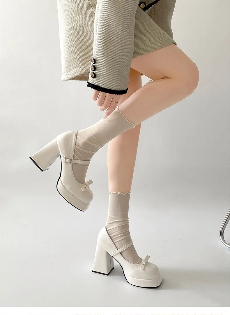 Platform Thick Heel Mary Jane Shoes Square Toe Shoes Elegant Height Increase