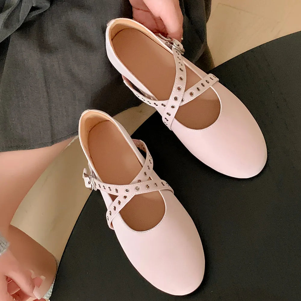 Flats Genuine Leather Ballet Flats Round Toe Buckle Strap Casual Comfortable Shoes Woman Concise
