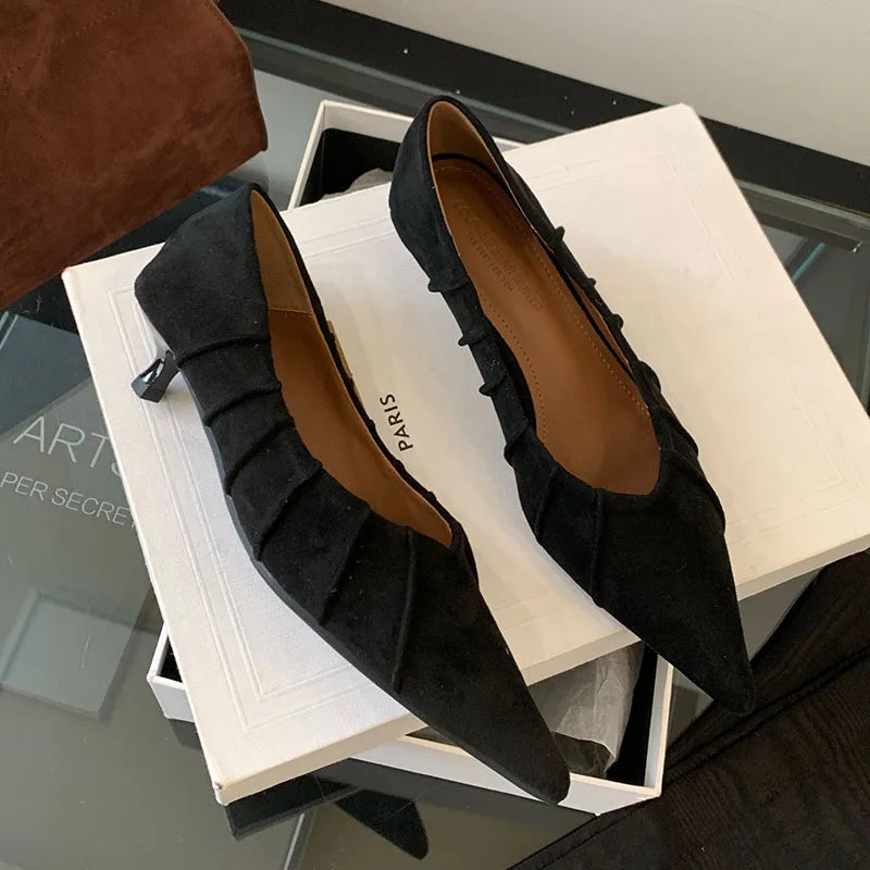 Brand Shoes Pleated Pointed Toe Shallow Slip On Boat Shoes Thin Low Heel Single Shoes