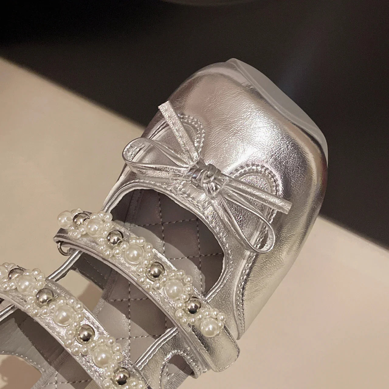 Pearl Bow Mary Jane Leather Shoes Flats Sandals Square Toe Slippers Lolita Mujer Zapatillas