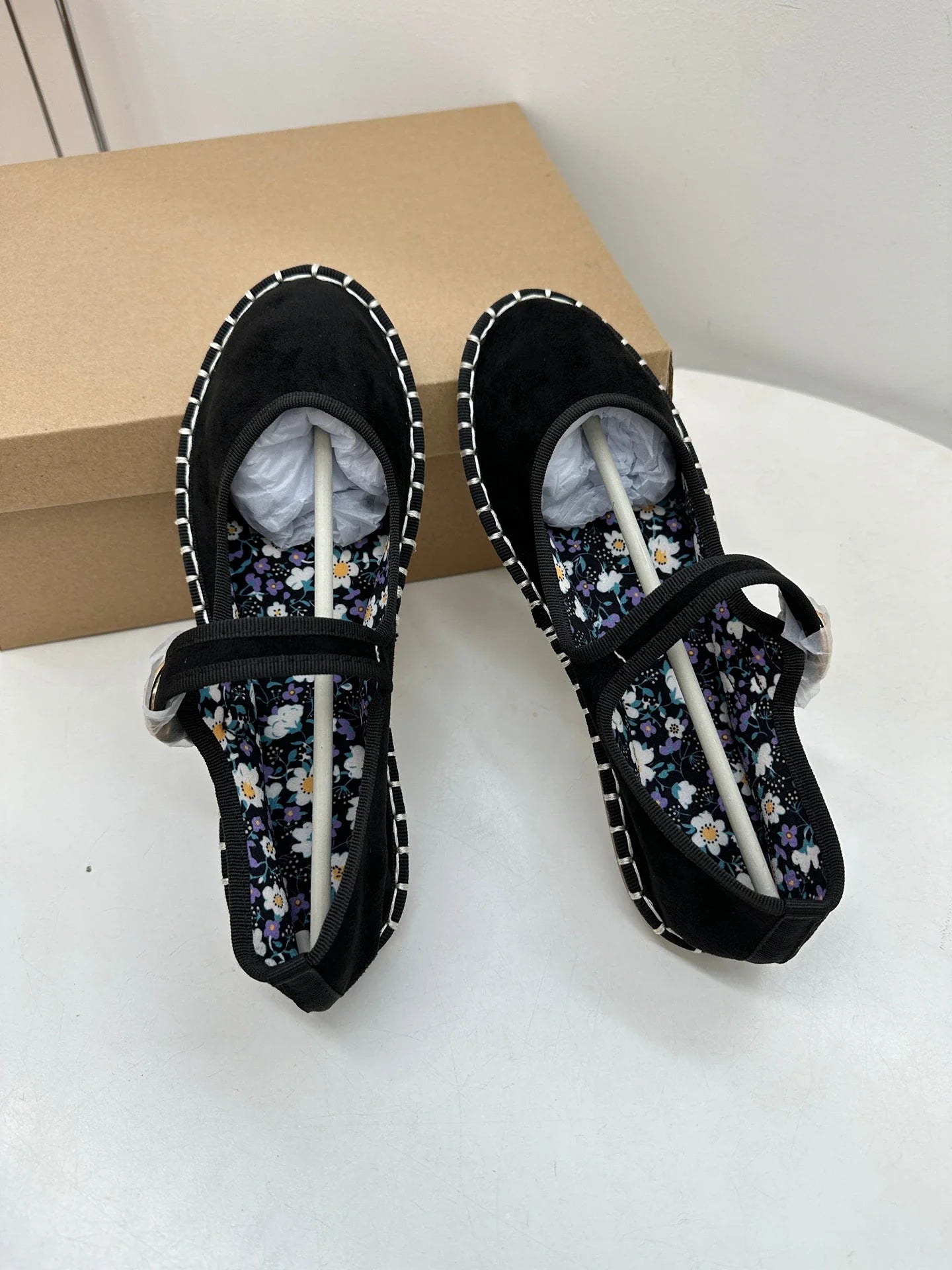 Floral Print Insole Velvet Flats Shoes Hand Stitching Elegant Mary Jeans Shoes Round Toe Ballets Flats Footwear