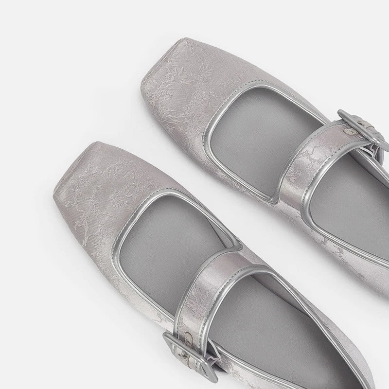 Silk Embroidery Ballerinas Woman Pig Toe Flats Shoes Belt Buckle Silky Mary Janes Wedding Brides Ballets Loafers
