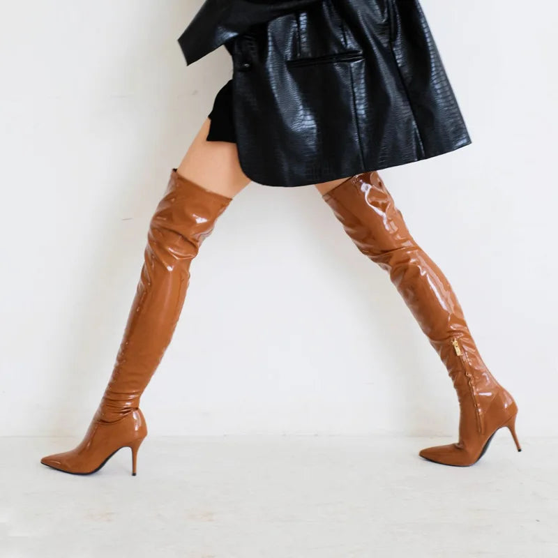 Pointed Toe Side Zipper Elastic Stiletto Over The Knee Boots Punk Solid Patent Leather Sewing Shoes