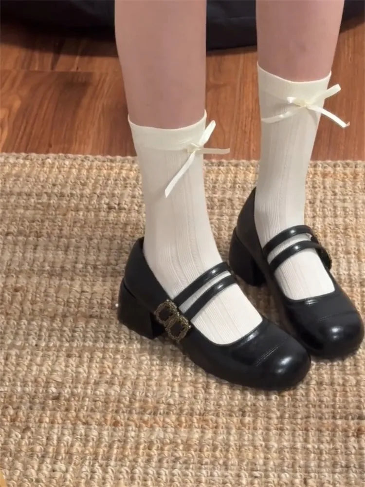 Thick Heel Mary Jane Shoes Metal Buckle Strap Shoes Outdoor Slip On Elegant Dress Pumps