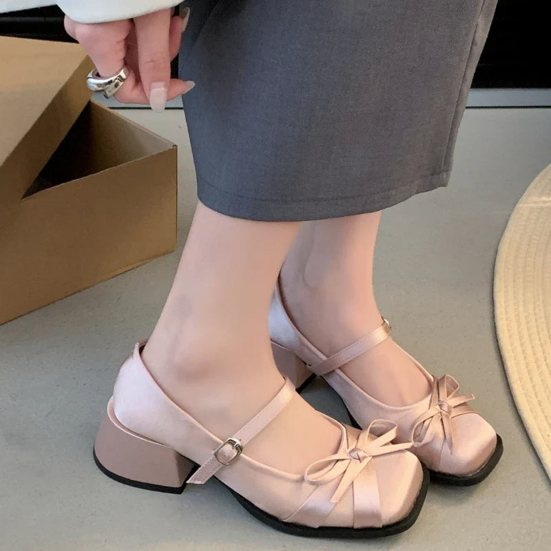 Pink bow high heels and square-headed silk ribbon buckle single shoes shallow thick-heeled shoes