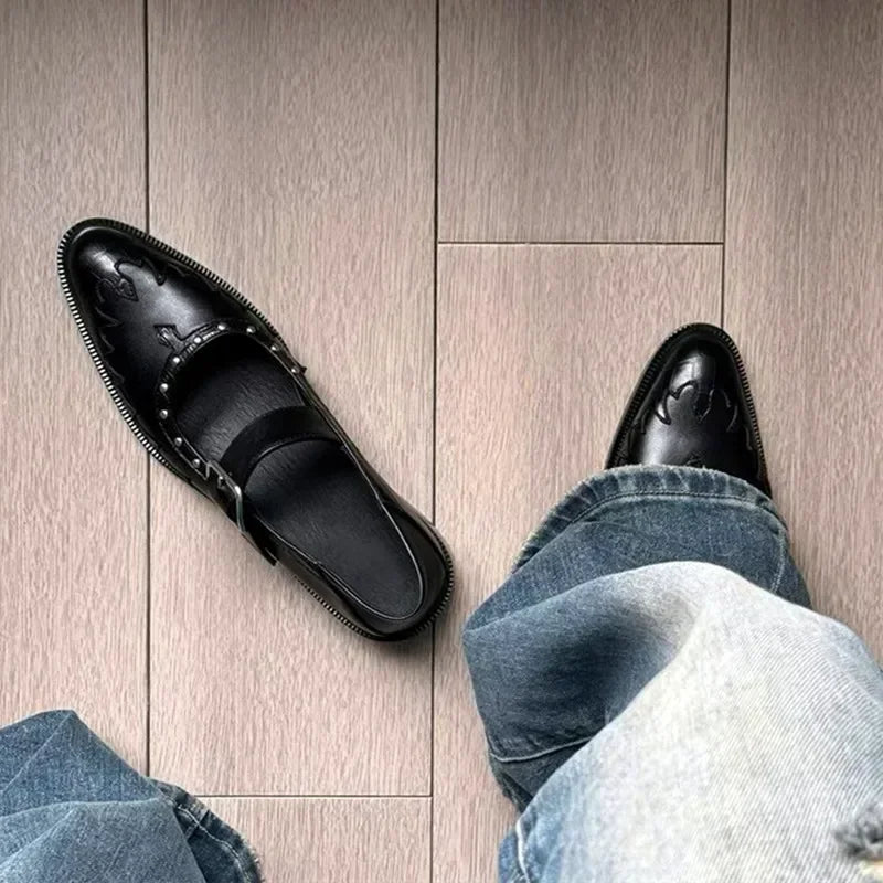 High Quality Leather Shoes Pointed Toe Metal Buckle Mary Jane Shoes