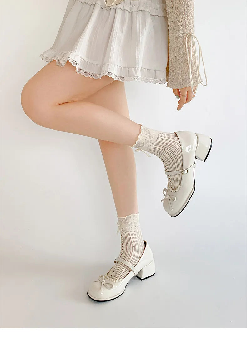 Thick Heel Mary Jane Shoes Concise Butterfly-knot Single Shoes Elegant Dress Leather Pumps